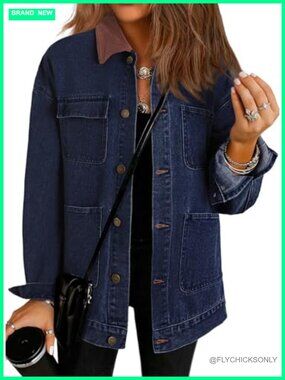 Corduroy Collar Denim Jacket Oversized Button Down Casual